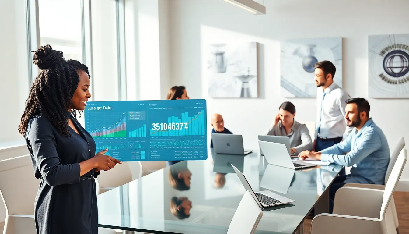 diverse professionals discussing data technology in a modern office.