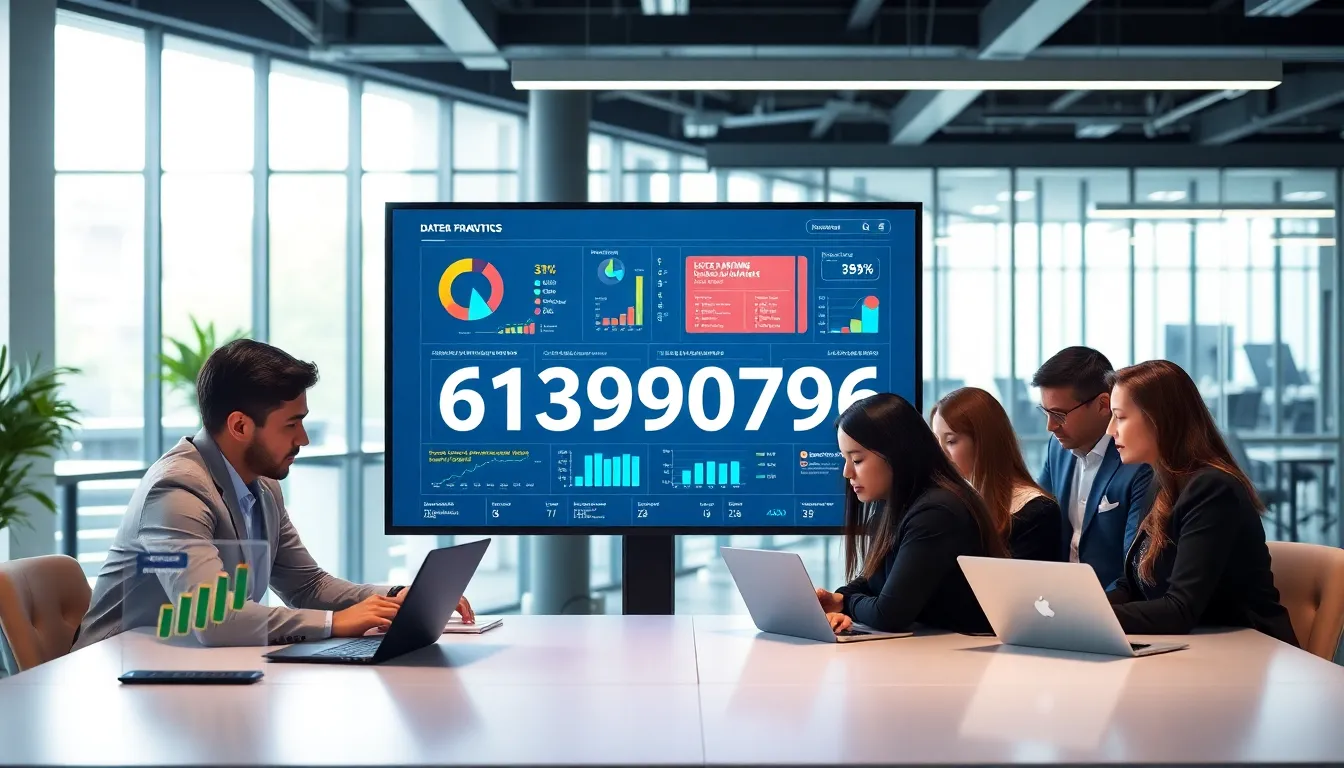 team analyzing data in a modern office with digital dashboard.